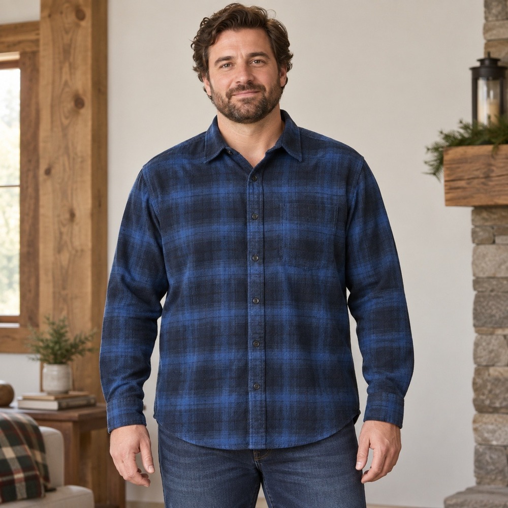 Orvis Flannel Jacket Mens Large Blue Plaid Pockets Shacket Shirt Outdoors Cabin